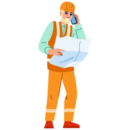 Construction worker talking on phone and reading blueprint on siteのイラスト素材