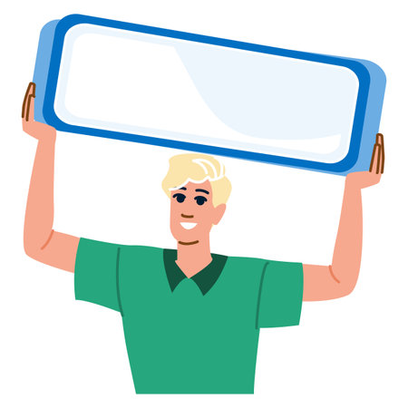 Smiling young man holding big smartphone showing blank screen above his headのイラスト素材