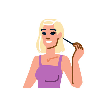 Smiling blonde woman applying eyeliner, makeup routine illustrationのイラスト素材