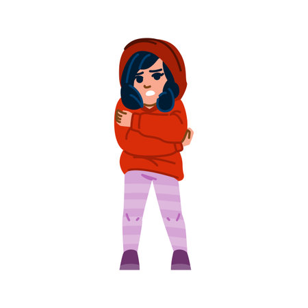 Freezing young girl wearing hoodie shivering from cold weatherのイラスト素材