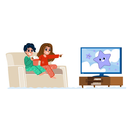 Children watching tv and eating popcorn on sofa at homeのイラスト素材