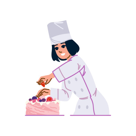 Pastry chef decorating cake with berries in professional kitchenのイラスト素材