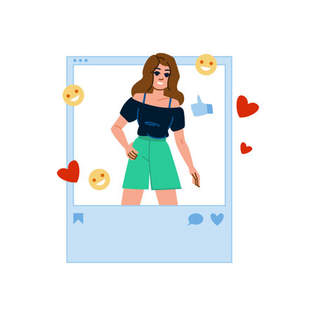 Influencer posing for social media photo surrounded by hearts and likesのイラスト素材