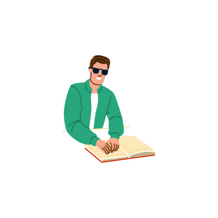 Smiling blind man reading braille book with fingersのイラスト素材