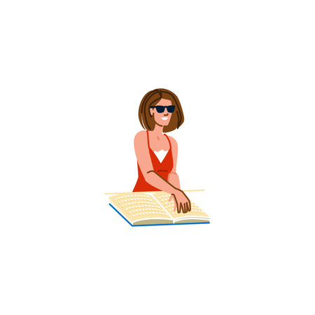 Smiling blind woman reading braille book with fingersのイラスト素材