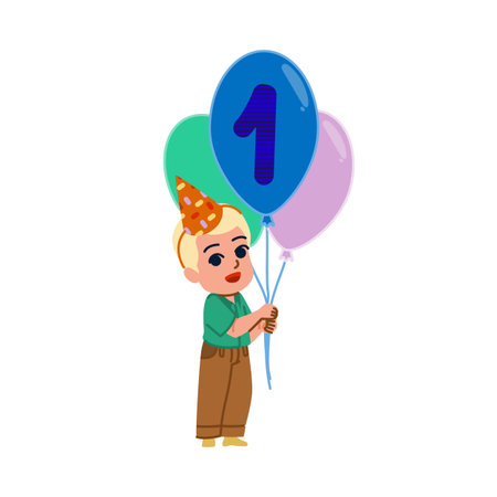 Blond boy celebrating first birthday holding balloons with number oneのイラスト素材