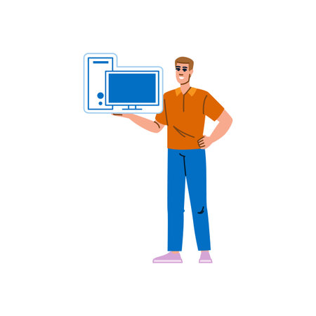 Smiling technician holding desktop computer and monitorのイラスト素材