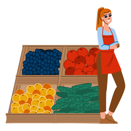 Greengrocer smiling at customers in her fruit and vegetable shopのイラスト素材