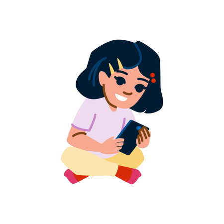 Smiling girl using smartphone sitting with crossed legsのイラスト素材