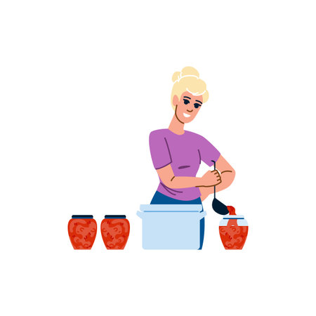 Woman canning tomato sauce or jam at homeのイラスト素材