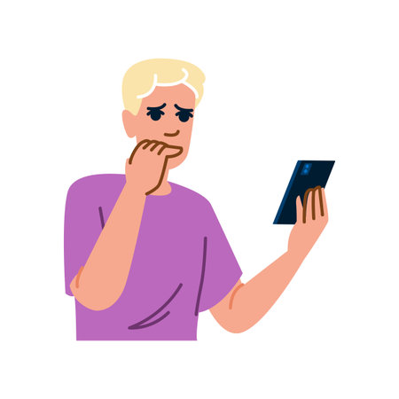 Worried young man biting fingernails while reading bad news on smartphoneのイラスト素材