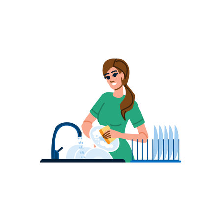 Housewife washing dishes in kitchen sink with spongeのイラスト素材