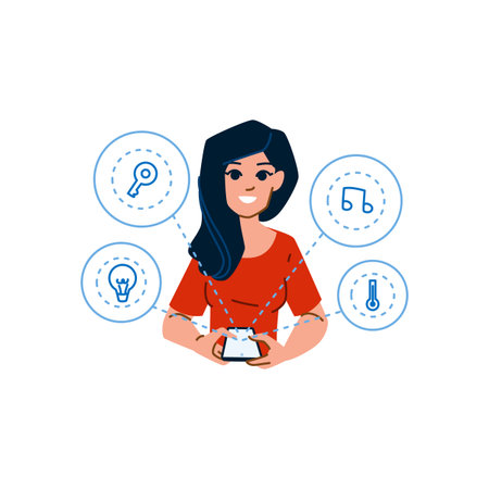 Woman controlling smart home devices using mobile applicationのイラスト素材