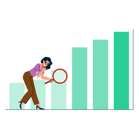 Businesswoman examining growth chart with magnifying glassのイラスト素材