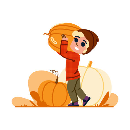 Happy child carrying big pumpkin during harvest festivalのイラスト素材