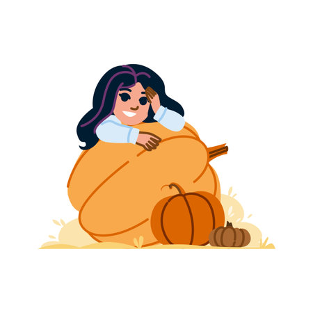 Happy girl embracing giant pumpkin in autumn settingのイラスト素材