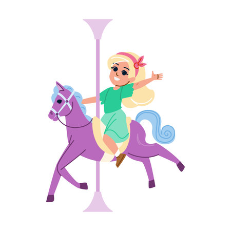 Girl riding carousel horse having fun at amusement parkのイラスト素材