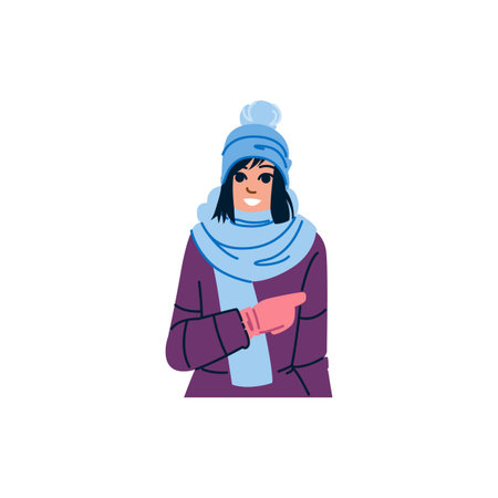Smiling woman pointing finger wearing winter clothesのイラスト素材