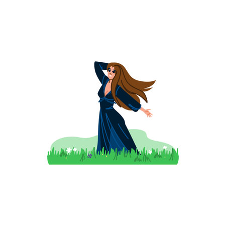 Happy young woman dancing in a meadow with flowers and long hair flowing in windのイラスト素材