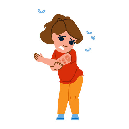 Young girl scratching itchy rash on arm suffering from chicken poxのイラスト素材