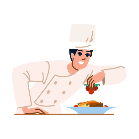 Professional chef garnishing gourmet dish with cherry tomatoesのイラスト素材