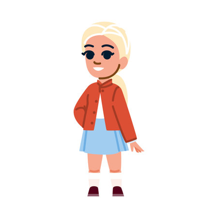 Smiling blond girl wearing a red jacket and blue skirt posingのイラスト素材