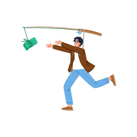 Businessman running after escaping money attached to fishing rodのイラスト素材