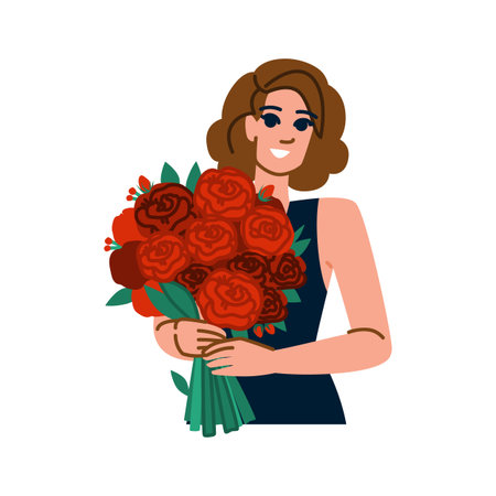 Smiling woman holding a bouquet of red rosesのイラスト素材