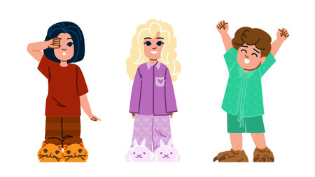 Children wearing pajamas and cozy animal slippersのイラスト素材