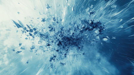 Dynamic ice burst shattering, breaking into sharp fragments