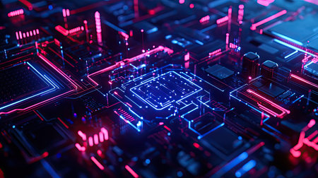 Circuit board processing digital data in blue red light