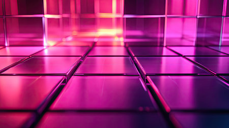 Reflecting vibrant neon light on abstract grid surface