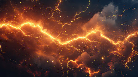 Powerful energy lightning striking through dramatic storm cloudsの写真素材
