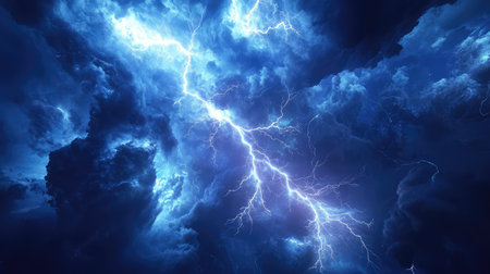 Powerful lightning strike illuminating dark stormy cloudsの写真素材