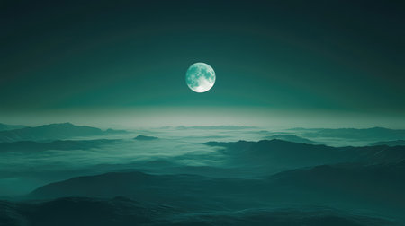Teal full moon rising over misty mountain landscape