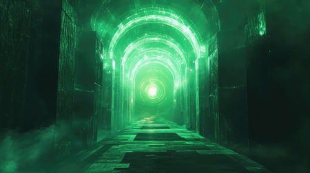 Green arched portal leading to glowing energy light