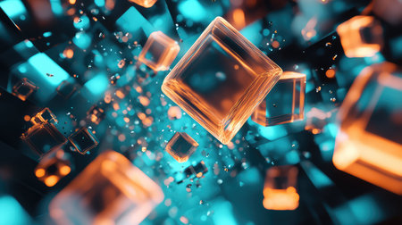 Abstract orange glowing cubes floating in blue lightの写真素材