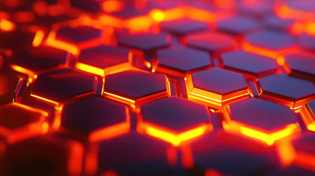 Glowing red hexagons creating abstract technology background pattern