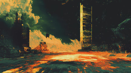 Post apocalyptic landscape showing ruined buildings and glowing ground