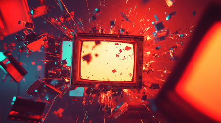 Retro television exploding with vibrant red and blue particles