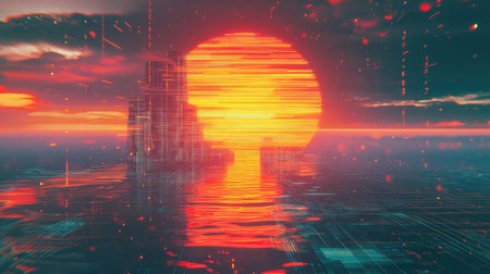 Digital cityscape with data sunset over futuristic ocean
