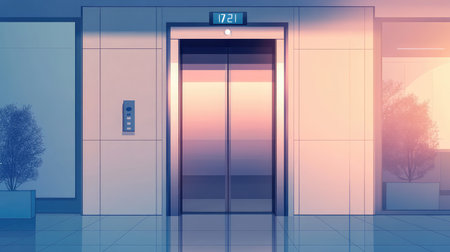 Modern elevator in building lobby reflecting sunset colors
