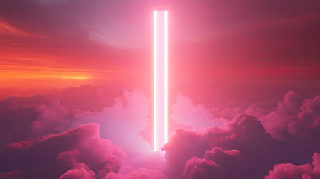Glowing light beam ascending through ethereal clouds