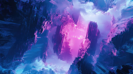 Abstract alien landscape with vibrant purple and cyan lightの写真素材