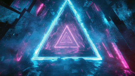 Abstract glowing neon triangles receding digital tunnel