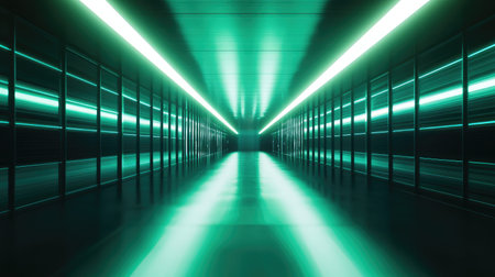 Futuristic data center corridor with glowing green lights