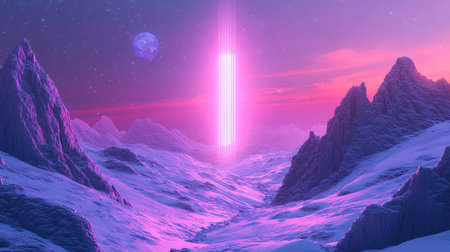 Alien planet landscape with glowing beam ascending to sky