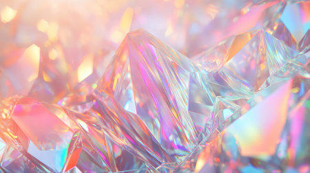 Iridescent crystals reflecting holographic light and pastel colors