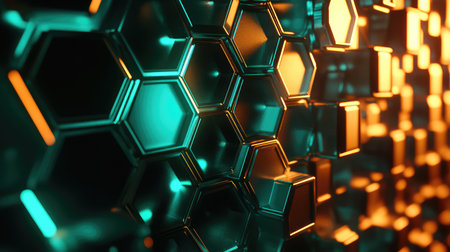 Futuristic metallic honeycomb structure with vibrant digital lighting