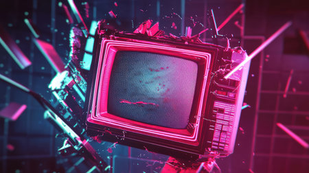 Retro tv exploding into vibrant neon fragments